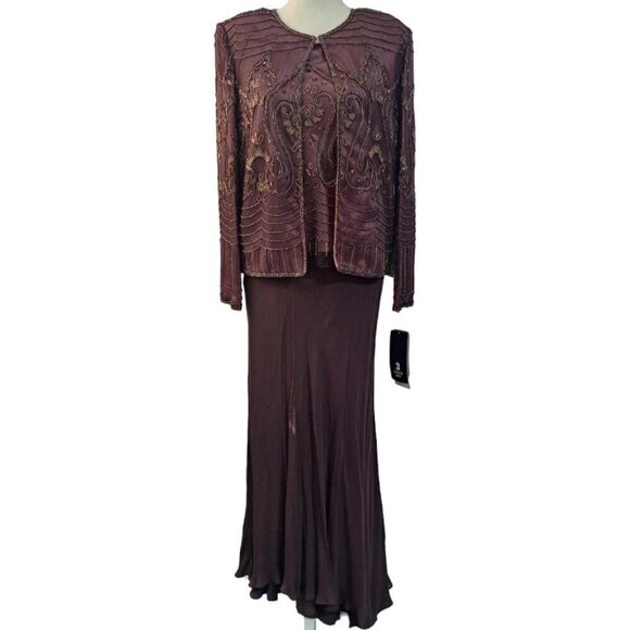 Adrianna Papell 3 Pc Set Silk Embellish Top Skirt Jacket Wedding Party Plum Sz10 - Picture 9 of 15